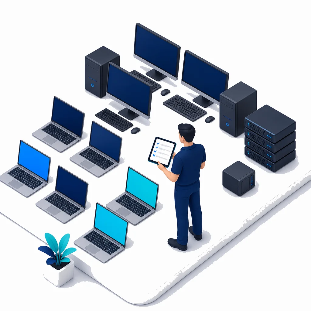 Téléphones, ordinateurs et console de gestion de flotte