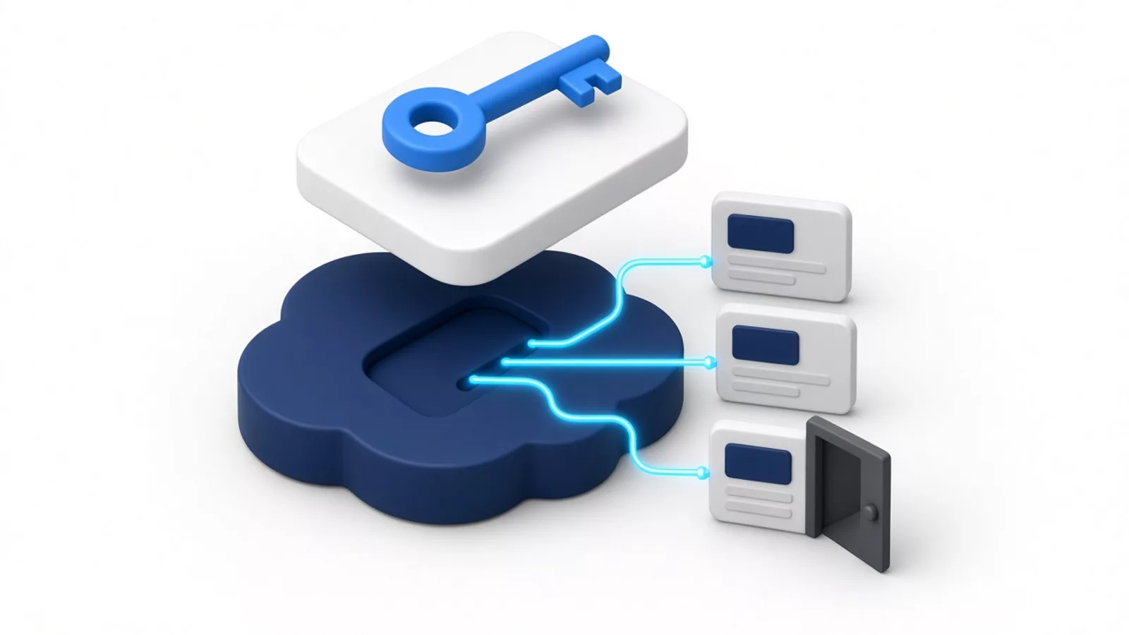 Clé flottant au-dessus d'une console en nuage reliée à trois sites, dont l'un a une porte dérobée ouverte